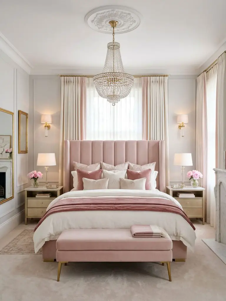 An elegant blush pink glam bedroom designed with sophisticated Parisian-inspired styling featuring a tall velvet channel-tufted headboard, s.