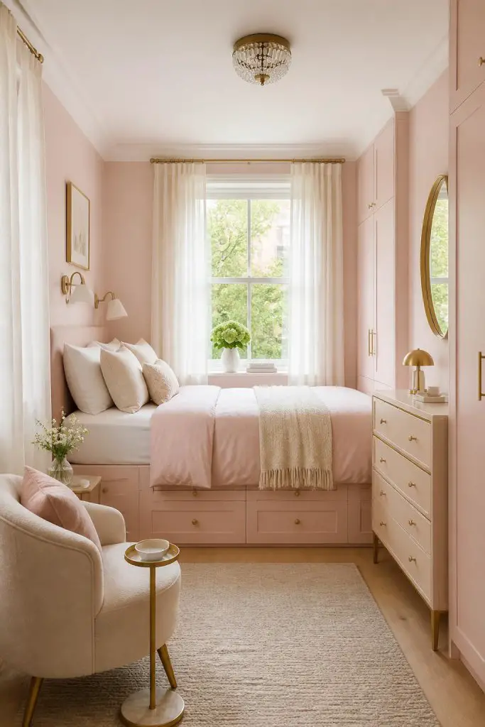 An elegant, built-in pink bedroom showcases custom cabinetry and drawers painted in blush hues, maximizing space and storage.