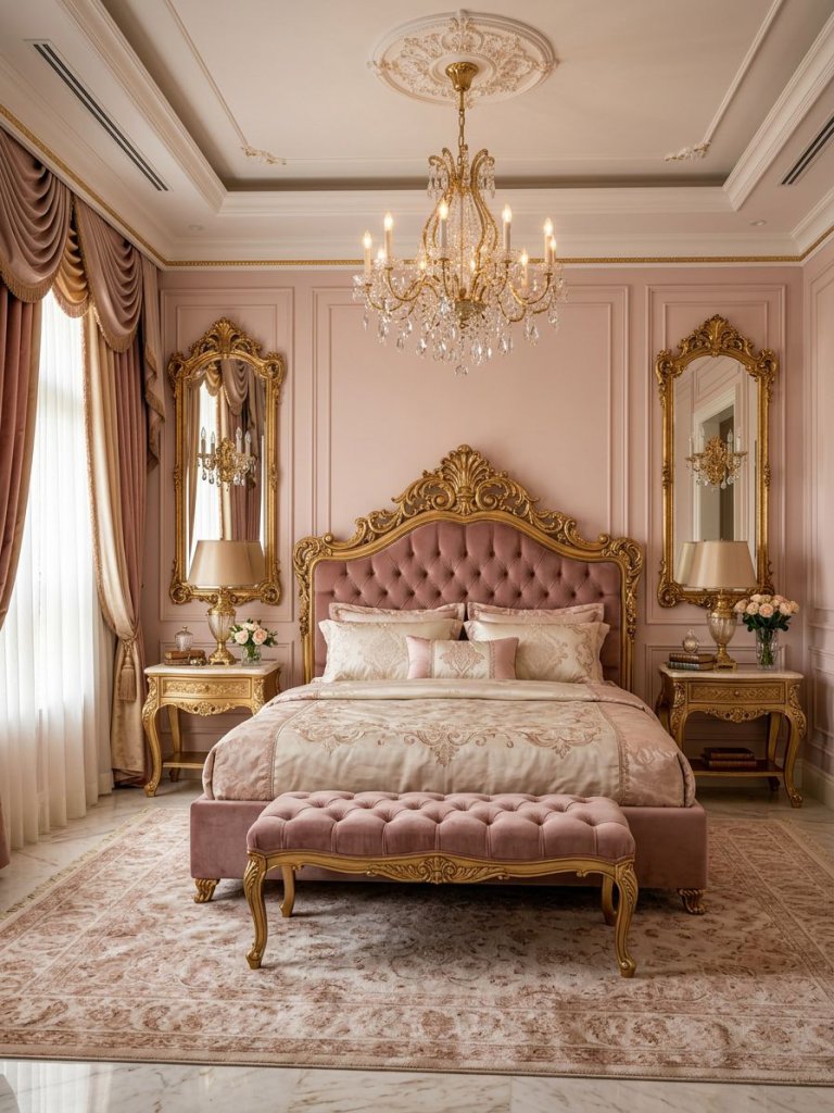 An elegant pink and gold bedroom inspired by classic European luxury interiors with ornate detailing, tufted upholstery, and sophisticated l.