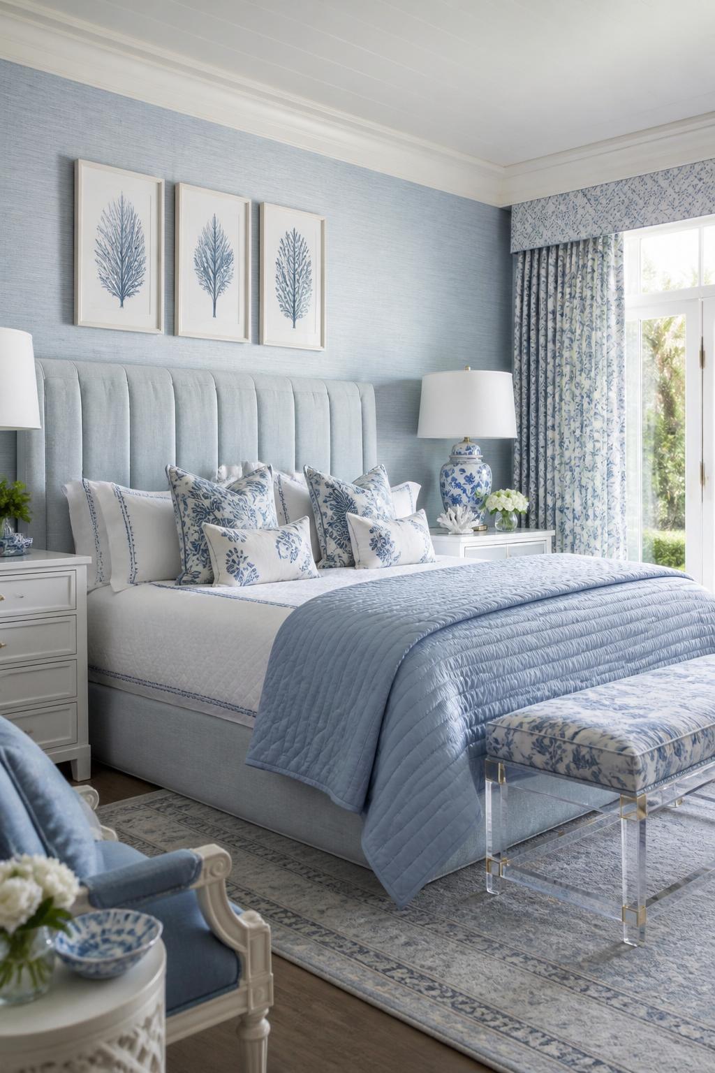 An elegant, coastal-style blue and white bedroom with a softly upholstered platform bed as the focal point, featuring layered pillows adorne.
