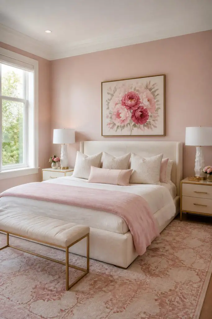 An elegant, light-filled bedroom with dusty blush pink walls and white trim, centered by a soft upholstered bed dressed in pastel pink throw.