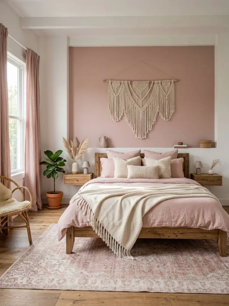An elegant dusty rose boho bedroom inspired by Scandinavian and warm minimalist interiors featuring a muted pink statement wall adorned with.