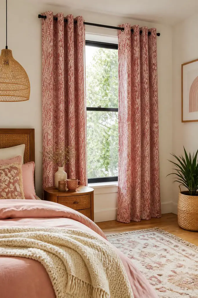 A modern boho bedroom defined by richly textured, patterned pink curtains with intricate botanical motifs, hung from a matte black rod over.
