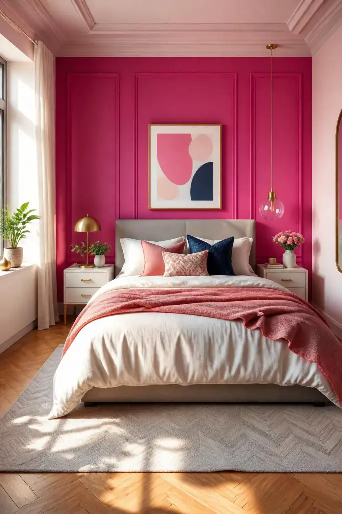 Sophistication and character combine in a bedroom defined by a striking hot pink accent wall with refined frame molding details.