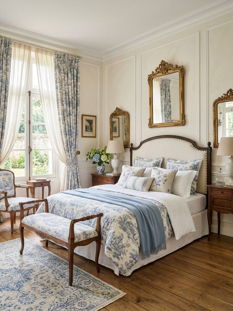 A luxurious French country bedroom inspired by classic blue Toile de Jouy patterns and elegant European interiors.