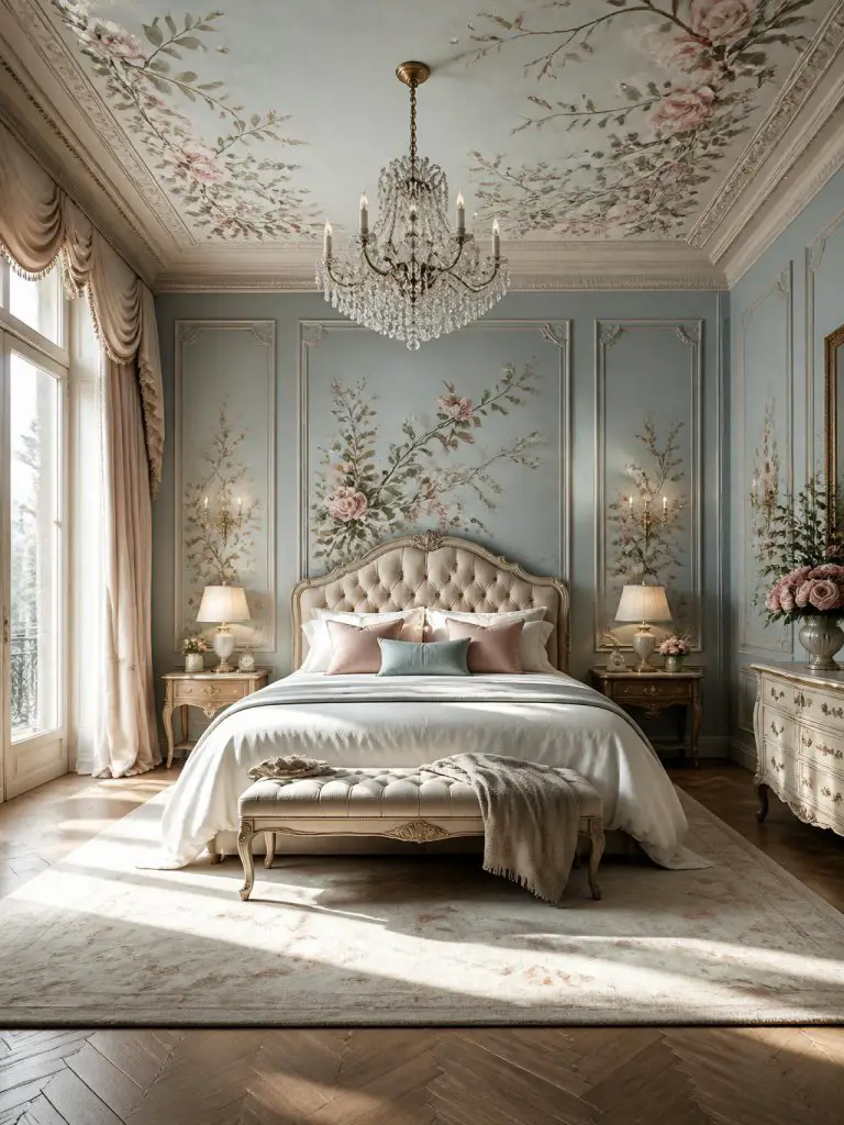 An elegant French-inspired bedroom showcasing a hand-painted floral ceiling with cascading roses and delicate vines arranged around a classi.