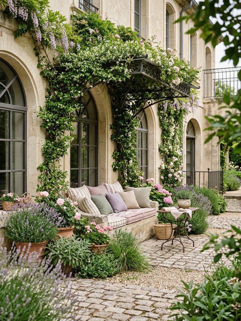 An elegant French courtyard exterior in refined European garden style featuring tall arched windows framed by climbing greenery and overflow.