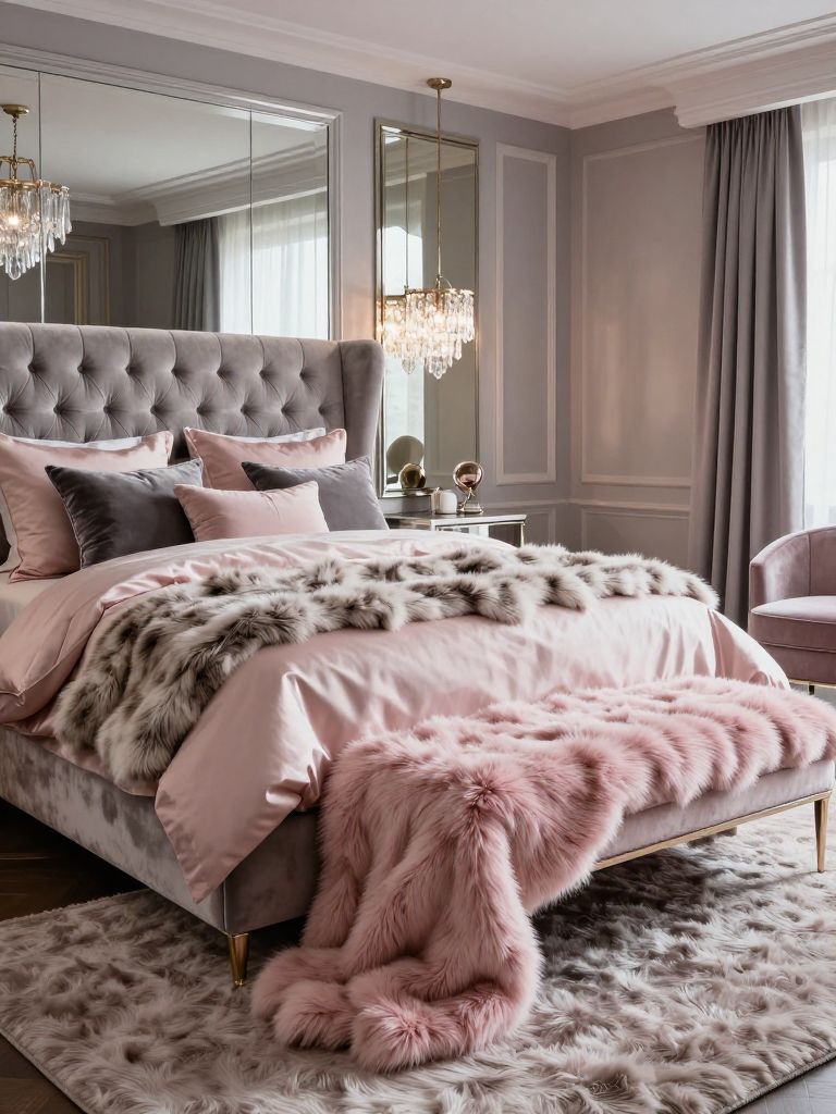 An elegant gray and blush pink glam bedroom featuring luxurious textures and sophisticated feminine styling inspired by boutique hotel inter.
