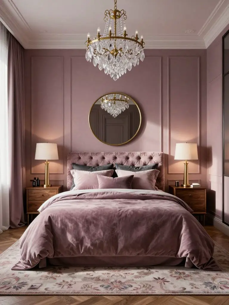 An elegant moody pink bedroom designed in a Luxe Contemporary style with soft mauve wall paneling, velvet textures, and dramatic layered lig.