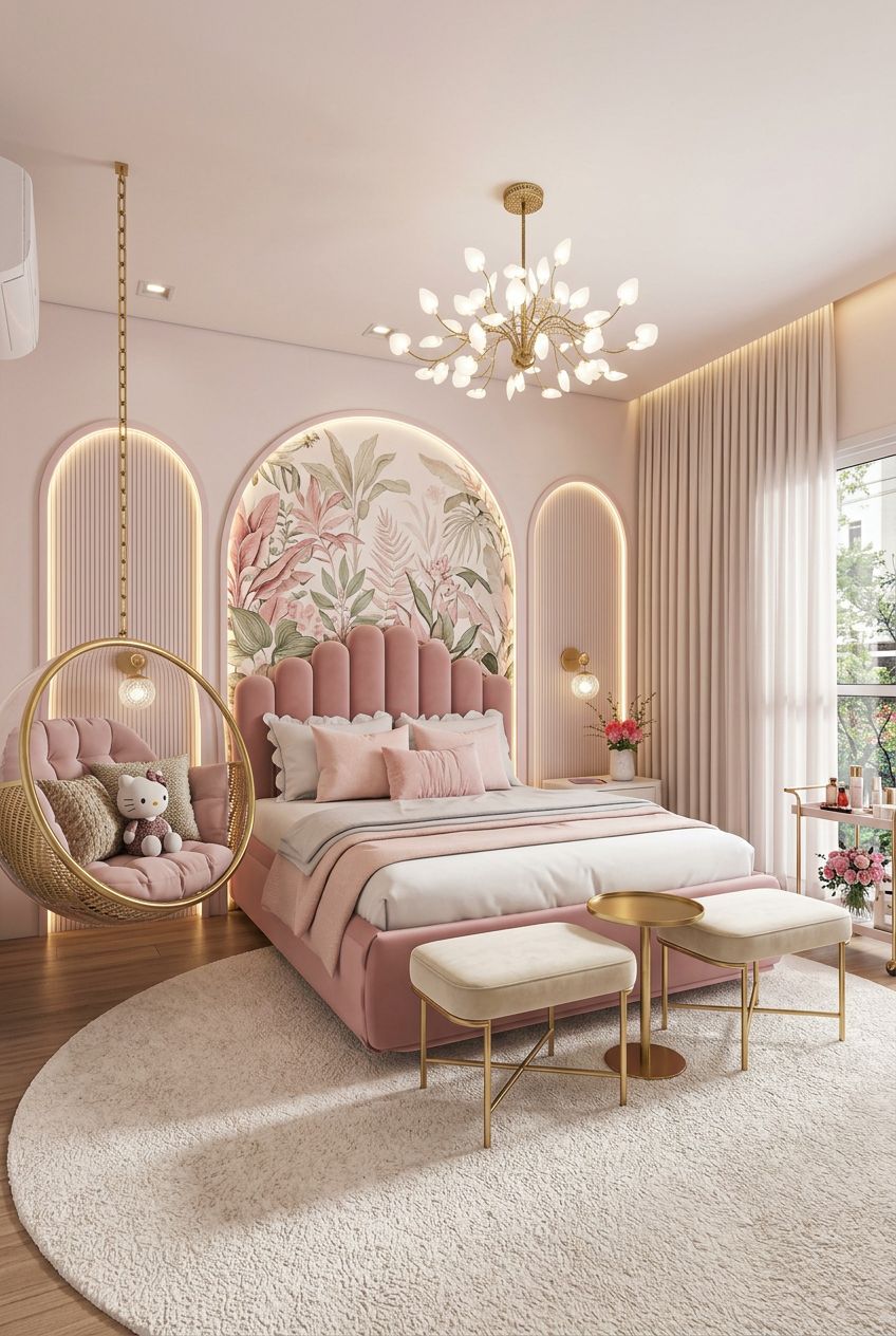 An elegant and modern pink bedroom with luxe gold accents, spotlighting a scalloped velvet headboard as the centerpiece.