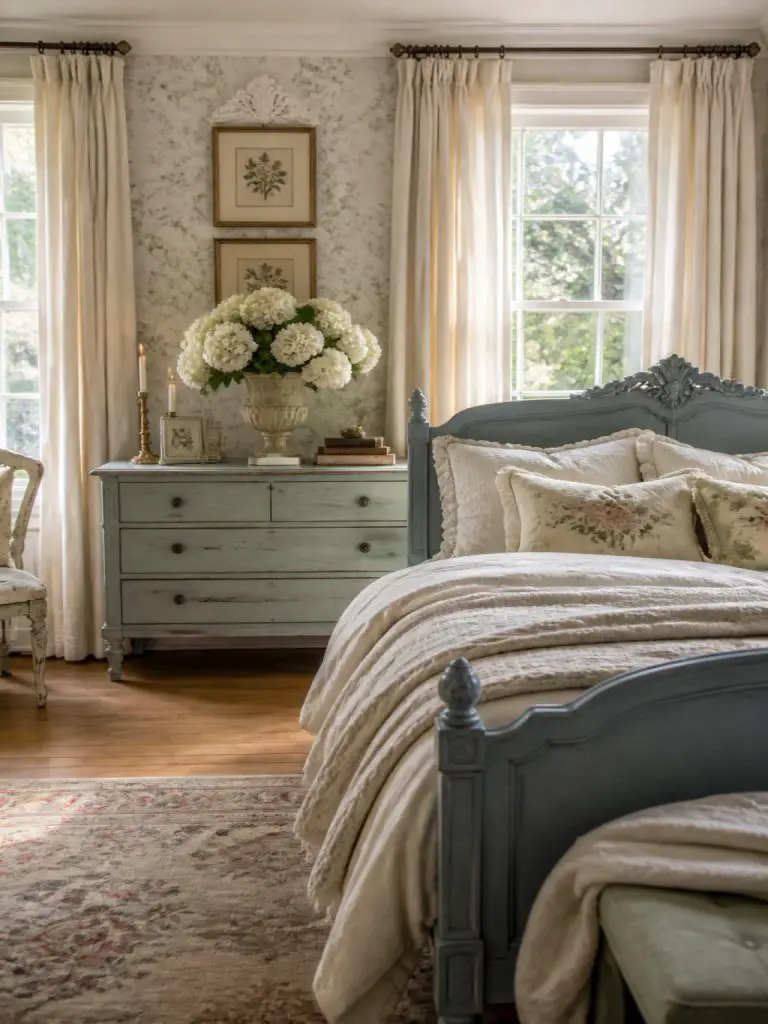 A timeless floral cottage bedroom blending French country and Warm Minimalist aesthetics, centered on a muted blue-gray carved bed layered w.