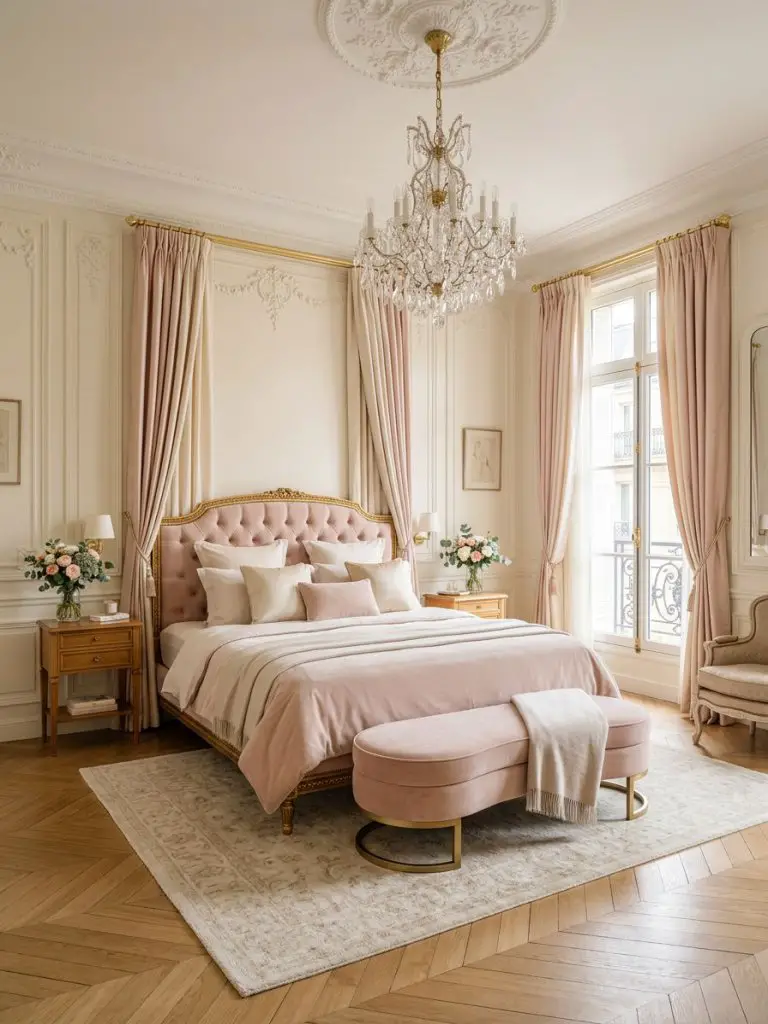 An elegant neutral pink royal bedroom blending classic Parisian charm with soft modern luxury styling featuring a blush tufted bed framed by.