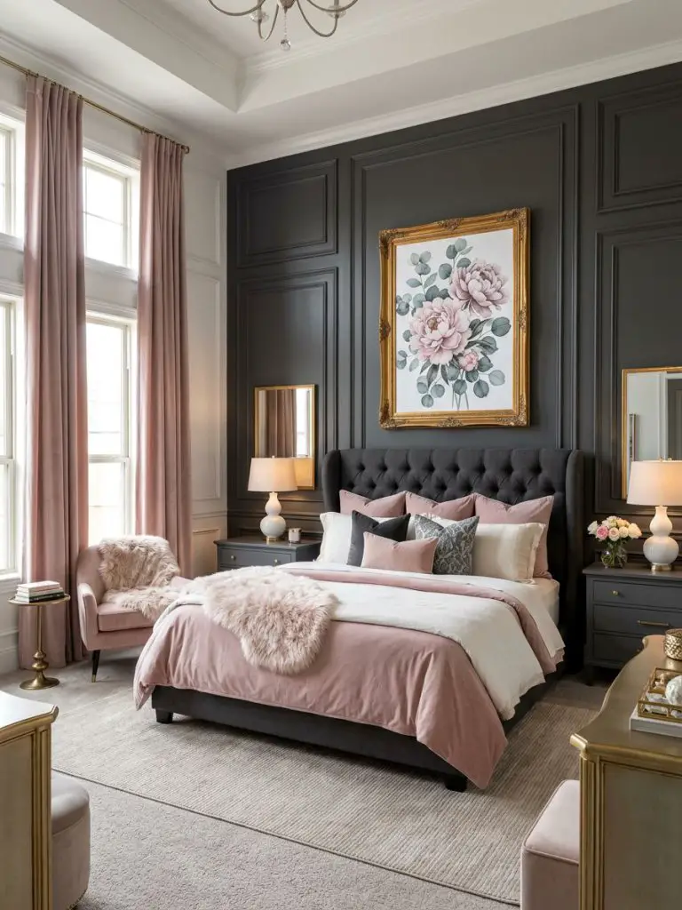 An elegant pink and grey bedroom with classic wall panel molding, soft feminine styling, and luxurious layered textures.