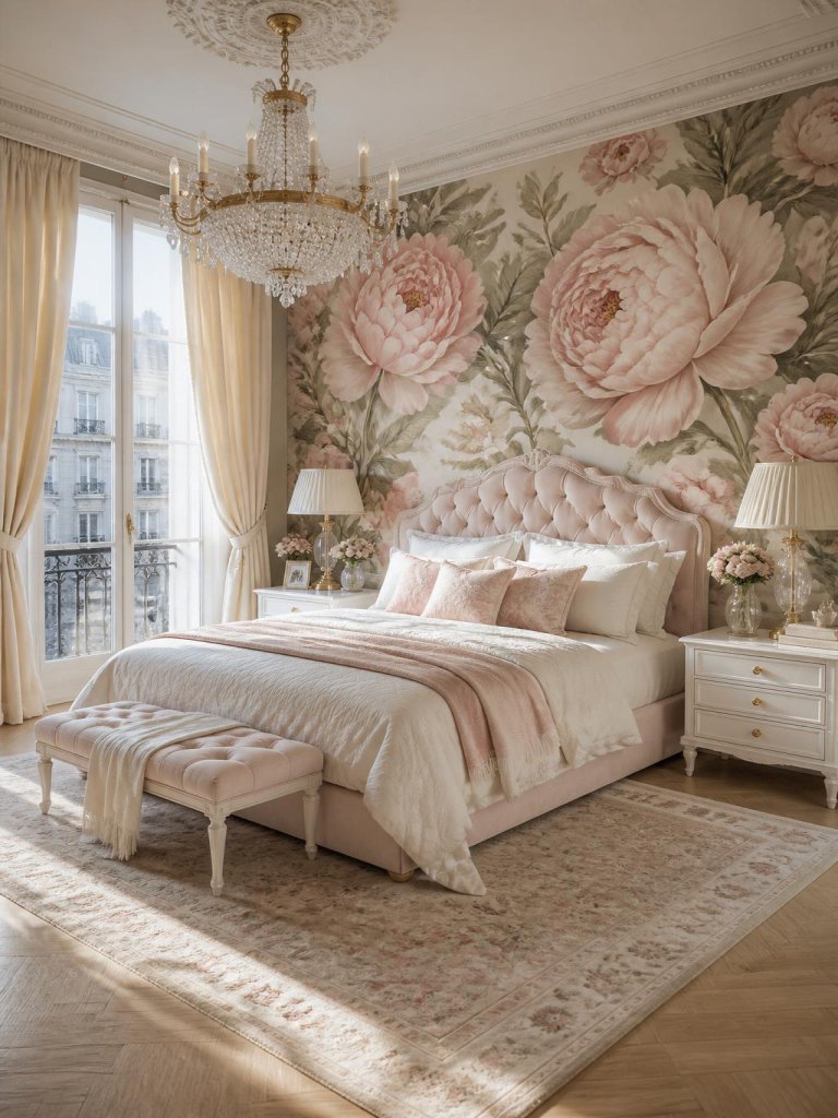 A luxurious Parisian-inspired bedroom showcasing a grand floral accent wall filled with oversized blush peonies and lush green foliage in so.