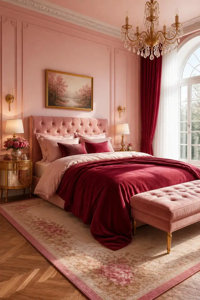 Design an elegant pink bedroom that exudes luxury through soft pink walls, a plush tufted headboard, and richly layered red and blush beddin.