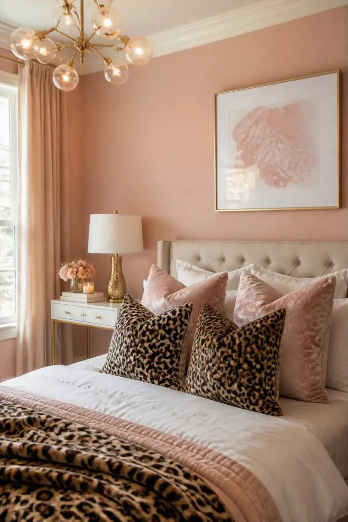 Softly glamorous, this room is anchored by a blush pink wall and a tufted beige headboard that creates a quietly luxurious focal point.
