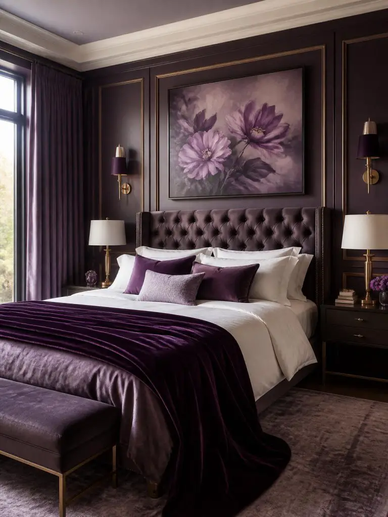 An elegant purple bedroom designed with sophisticated plum wall paneling trimmed in muted antique gold molding for a refined modern classic.