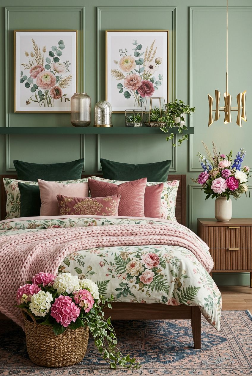 Showcase a sophisticated bedroom layered in sage green and blush pink, with a statement bed dressed in floral print linens, velvet cushions.