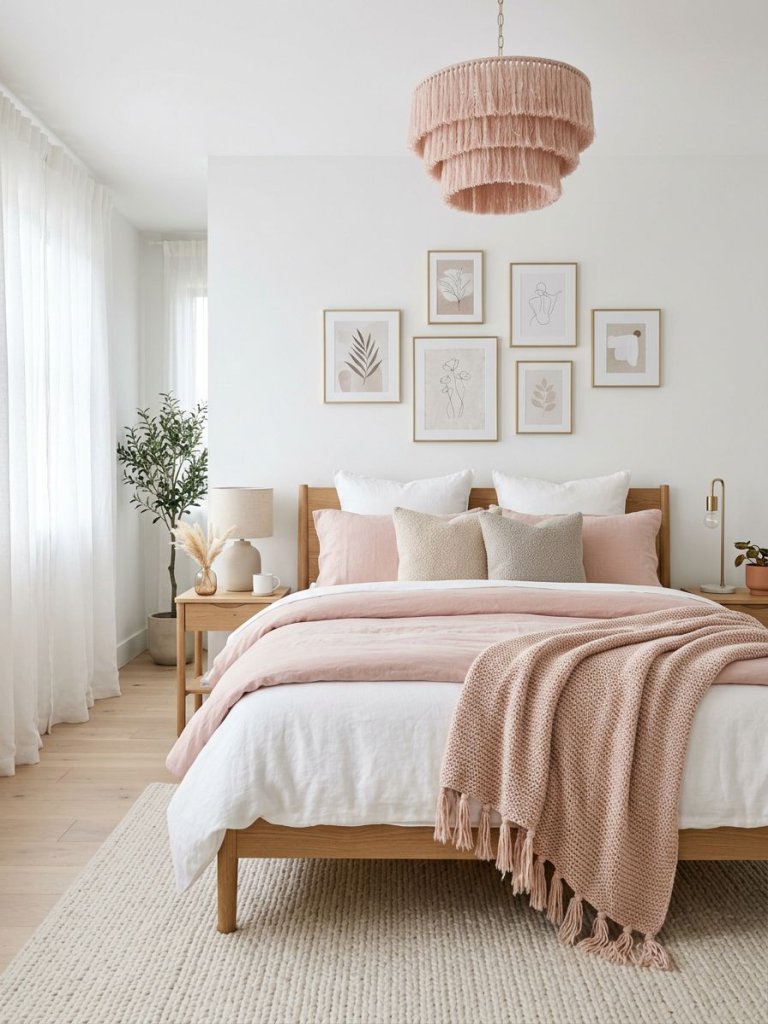A Scandinavian-inspired pink and white bedroom featuring crisp white walls, blush pink bedding layers, soft woven throws, and delicate frame.