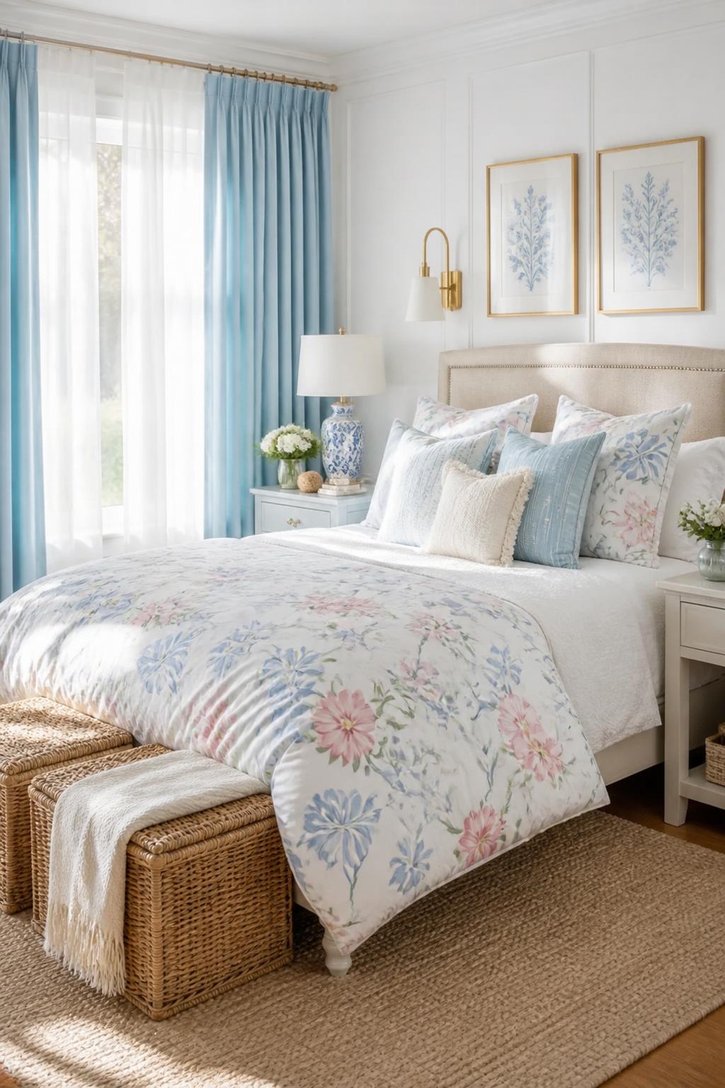 Feature an elegant coastal retreat with a plush bed dressed in crisp white and layered with a sky blue and blush floral comforter.