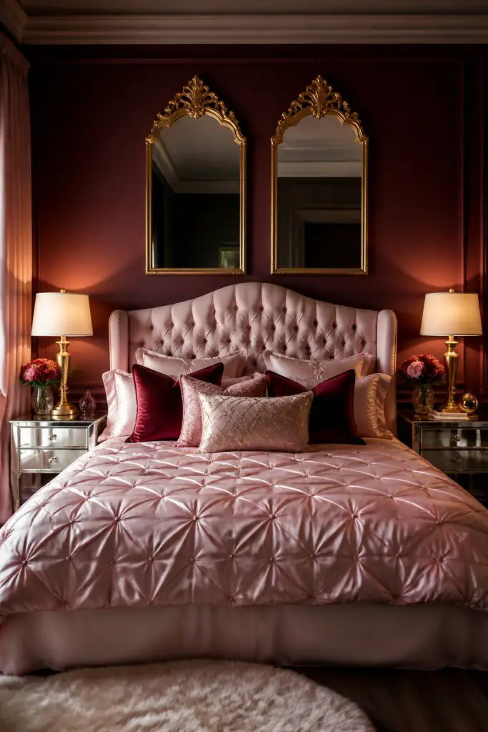 A glamorous bedroom with a dramatic contrast of a pink tufted headboard and intricately puckered satin blush bedding, set against deep wine.
