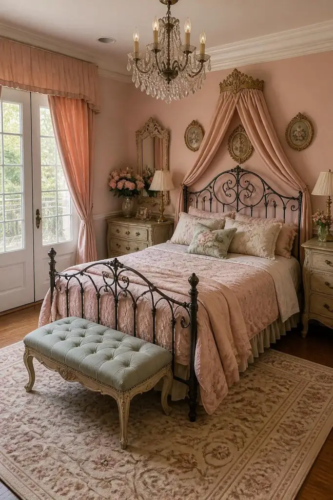 An elegant vintage pink bedroom styled with romantic drapery, antique-inspired furniture, and timeless feminine charm.
