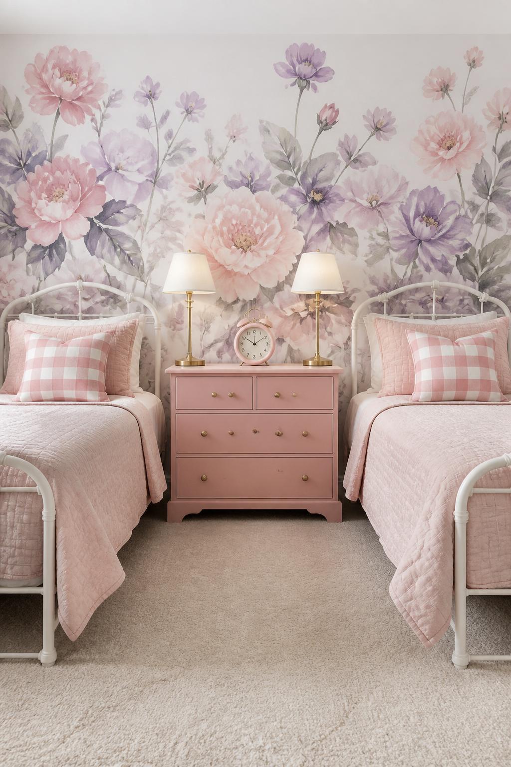 An elegant twin bed setup with a wide watercolor blush and lavender floral mural as a statement wall, creating a sense of airy spaciousness.