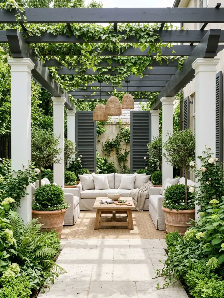 An elegant garden pergola designed in a classic transitional and warm minimalist style, featuring crisp white columns supporting a charcoal.