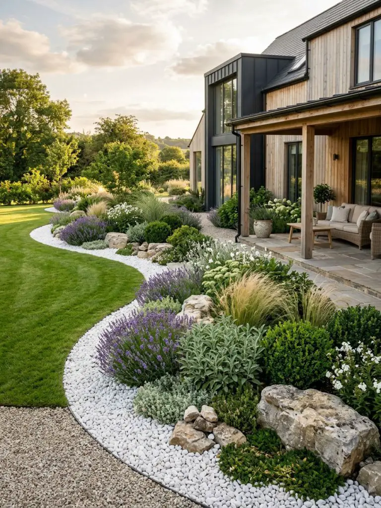 A luxurious white stone rockery garden curving around a modern countryside home with lush ornamental planting and elegant outdoor styling.