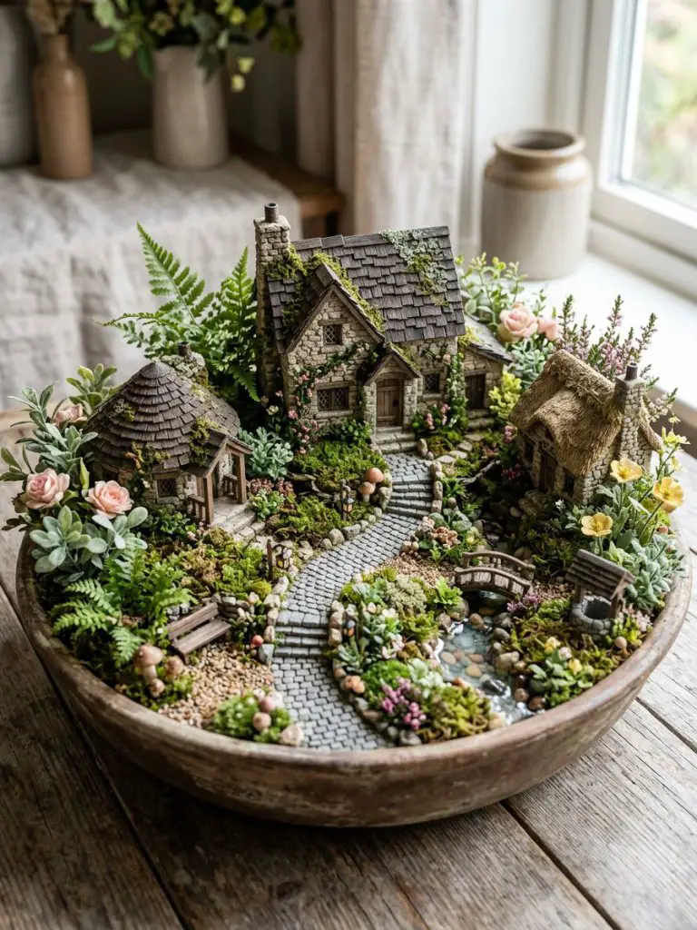 A miniature fairy village garden set in a shallow bowl, designed in a whimsical cottagecore and natural rustic style.