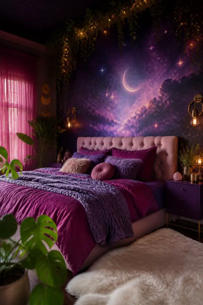 Inspired by fantasy, this bedroom dazzles with a breathtaking cosmic mural in shades of navy, violet, and pink, depicting a magical night sk.