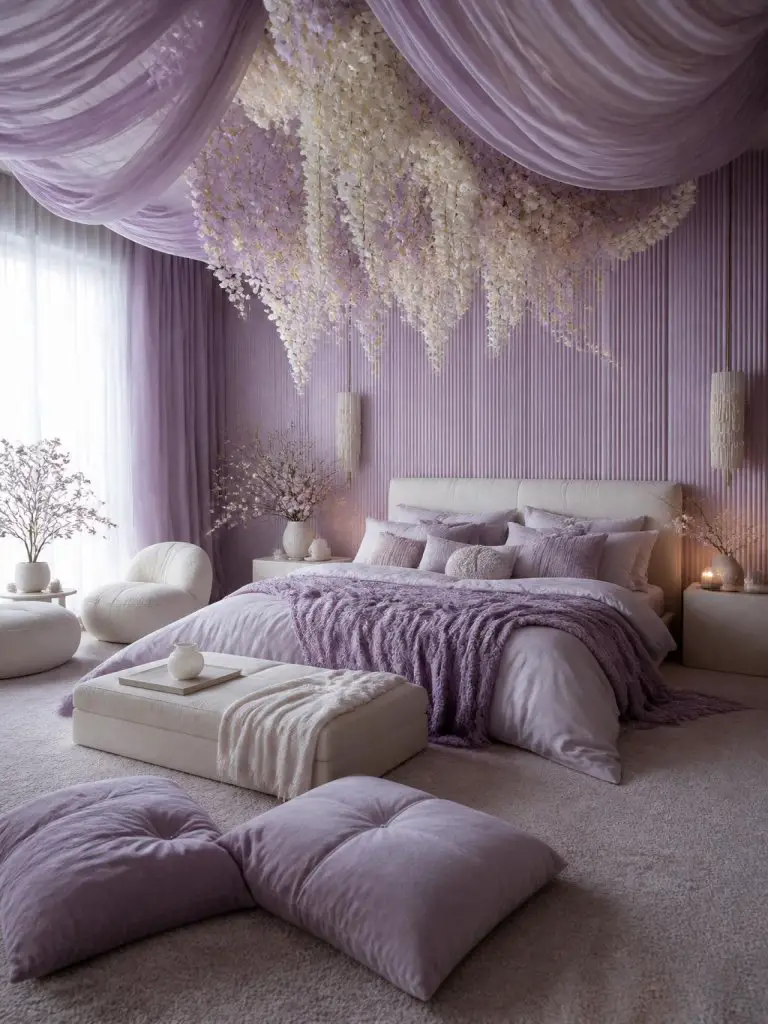 A dreamy lilac canopy bedroom designed with soft romantic fantasy-inspired decor and modern feminine styling.