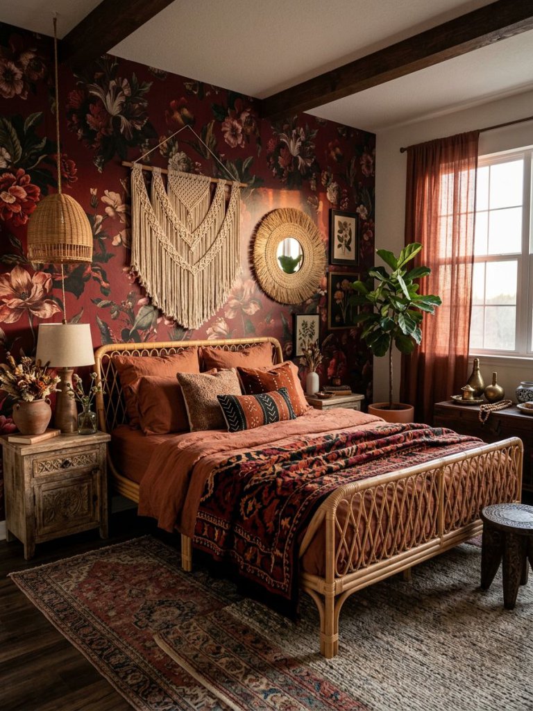 An exotic red boho bedroom blending dark floral elements with globally inspired textures in a rich Moody Bohemian interior style.