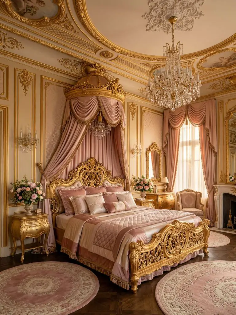 An extravagant pink canopy bedroom inspired by grand Baroque palace interiors featuring a dramatic carved gold canopy bed with cascading blu.