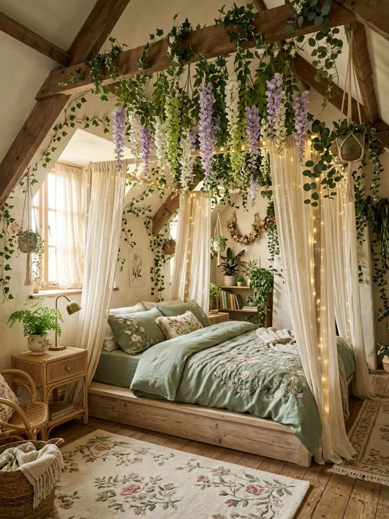 A whimsical fairy garden floral bedroom inspired by hidden forest clearings and enchanted botanical spaces.