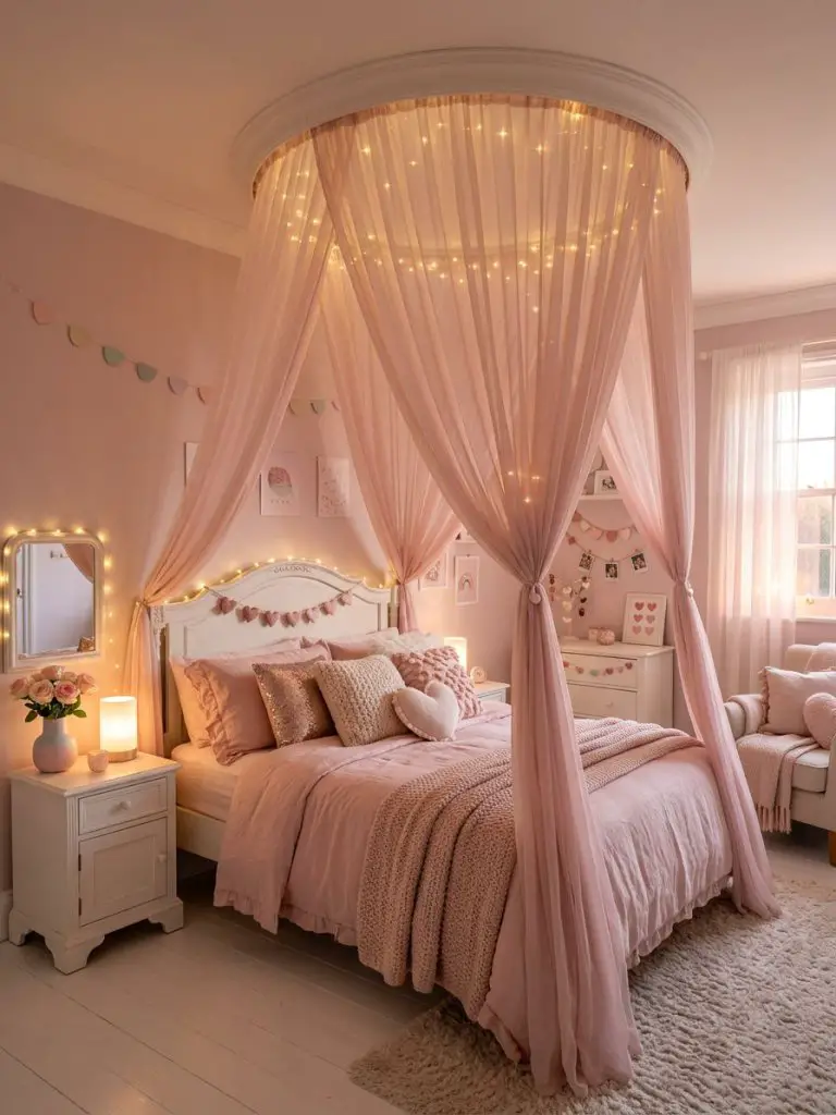 A cozy pink bedroom retreat designed in a dreamy feminine romantic style with soft canopy curtains draped around a plush twin bed layered in.