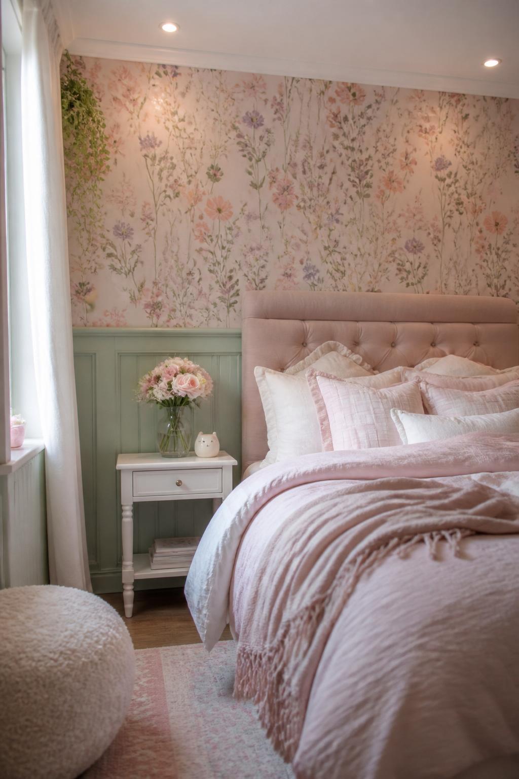 A charming, youthful room with a full accent wall covered in stylized, pastel floral wallpaper, setting a playful garden theme.