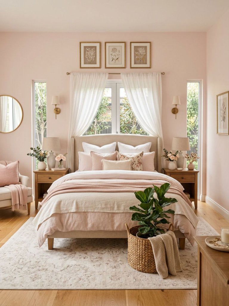 A feminine blush pink bedroom styled with classic symmetry, soft white bedding, elegant wall decor, and layered neutral textures creating a.