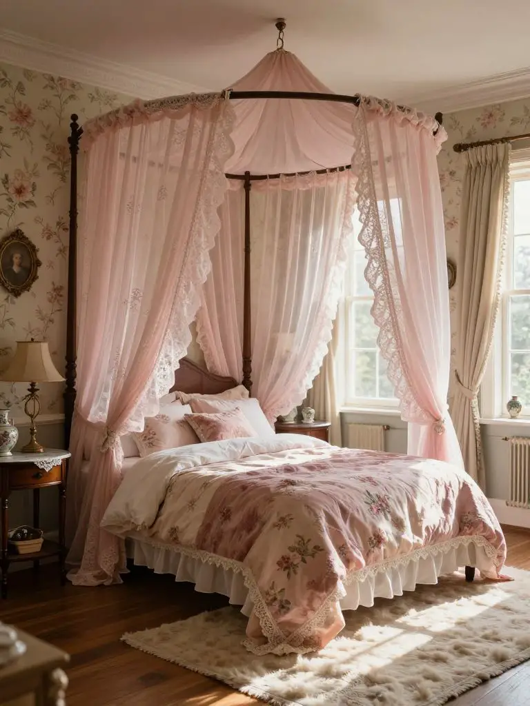 A feminine vintage canopy bedroom with soft pink lace curtains draped around a dark wood four-poster bed, creating a romantic and timeless c.