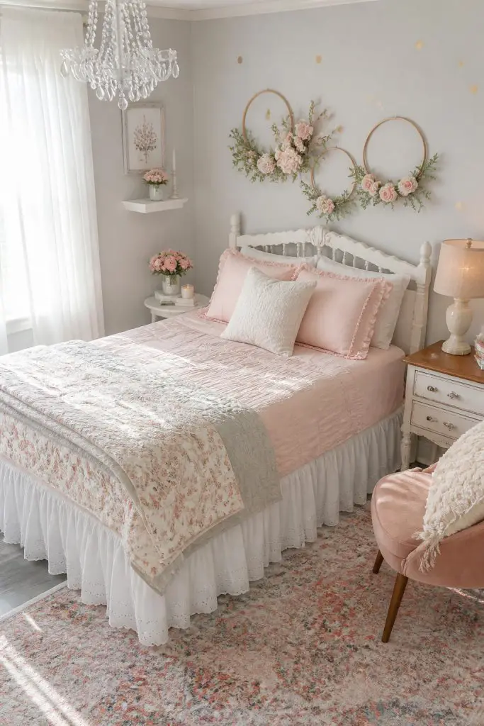 A feminine cottagecore bedroom designed with blush pink bedding, soft gray walls, floral wall decor, and delicate vintage-inspired styling.