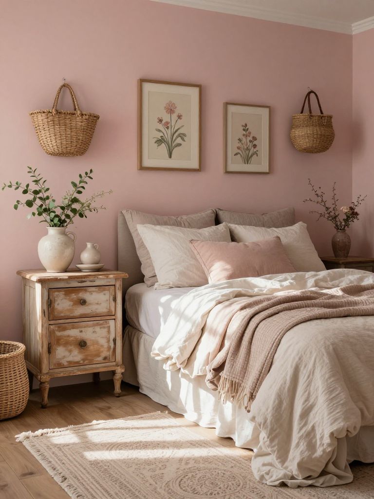 A feminine earthy pink bedroom with soft cottagecore influences featuring blush painted walls, distressed vintage furniture, and romantic la.