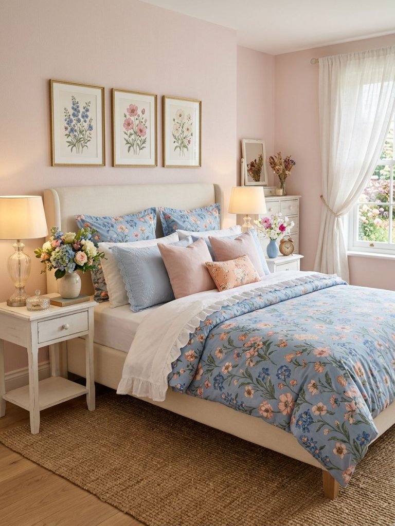 A feminine floral blue and pink bedroom designed in Romantic Cottagecore style with layered pastel bedding and soft botanical accents.