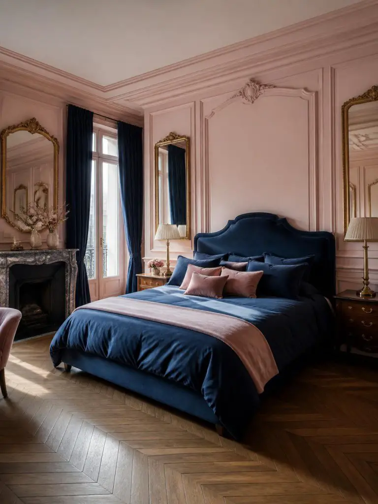 An elegant Parisian-inspired bedroom with classic wall molding painted in soft blush pink and a luxurious navy blue upholstered bed creating.