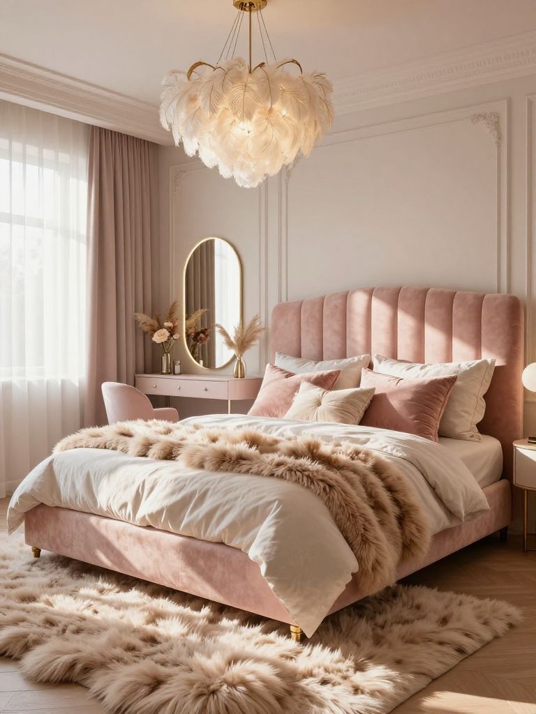 A luxurious girly pink bedroom with glamorous feminine styling and a dramatic feather chandelier suspended above a plush upholstered bed.