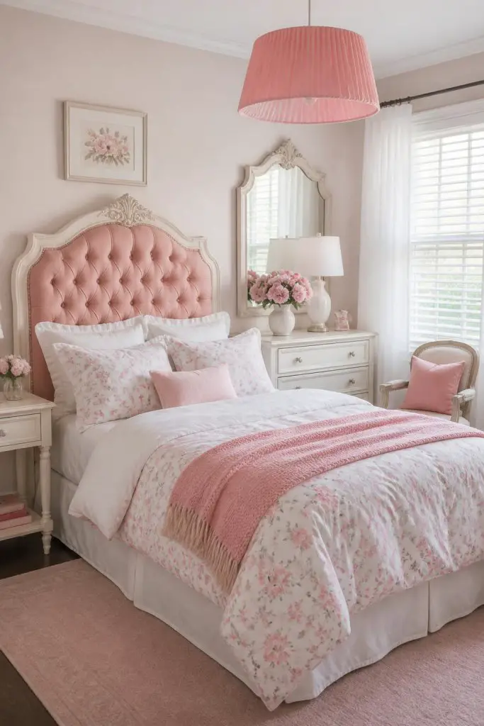 A charming feminine bedroom with a vintage-inspired pink tufted headboard framed by elegant white woodwork.