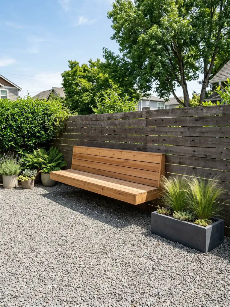 A compact backyard in the United States featuring a floating bench design over a light grey pea gravel base, styled in warm minimalist and m.