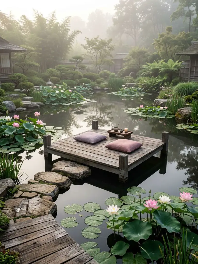 Design a dreamy floating meditation deck centered within a calm lotus pond inspired by minimalist wellness retreats and serene Japanese wate.