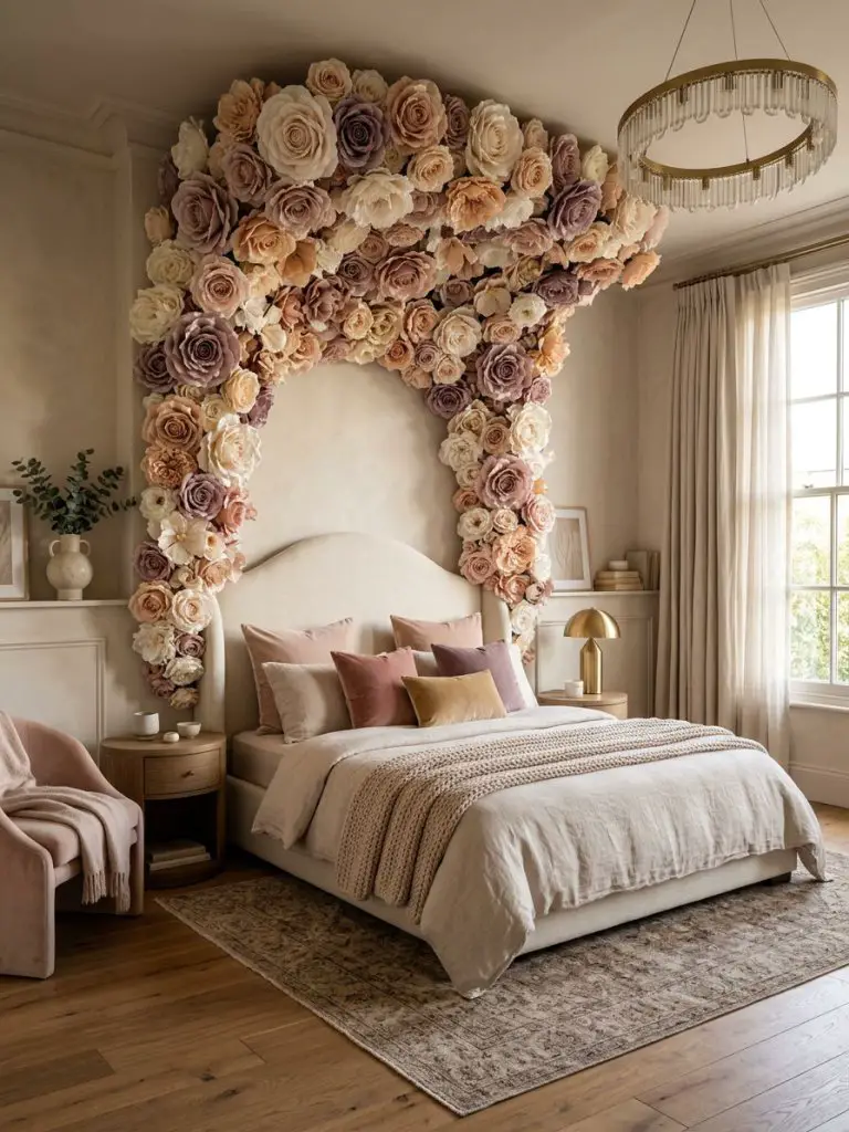 A dramatic floral bedroom featuring sculptural 3D flower accents and layered romantic texture.