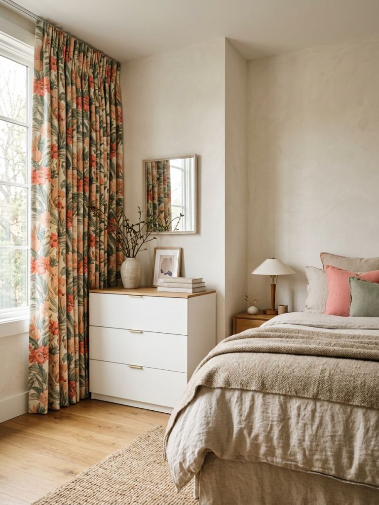 A stylish bedroom showcasing floral curtains intentionally paired with a contrasting dresser for a sophisticated designer-inspired compositi.