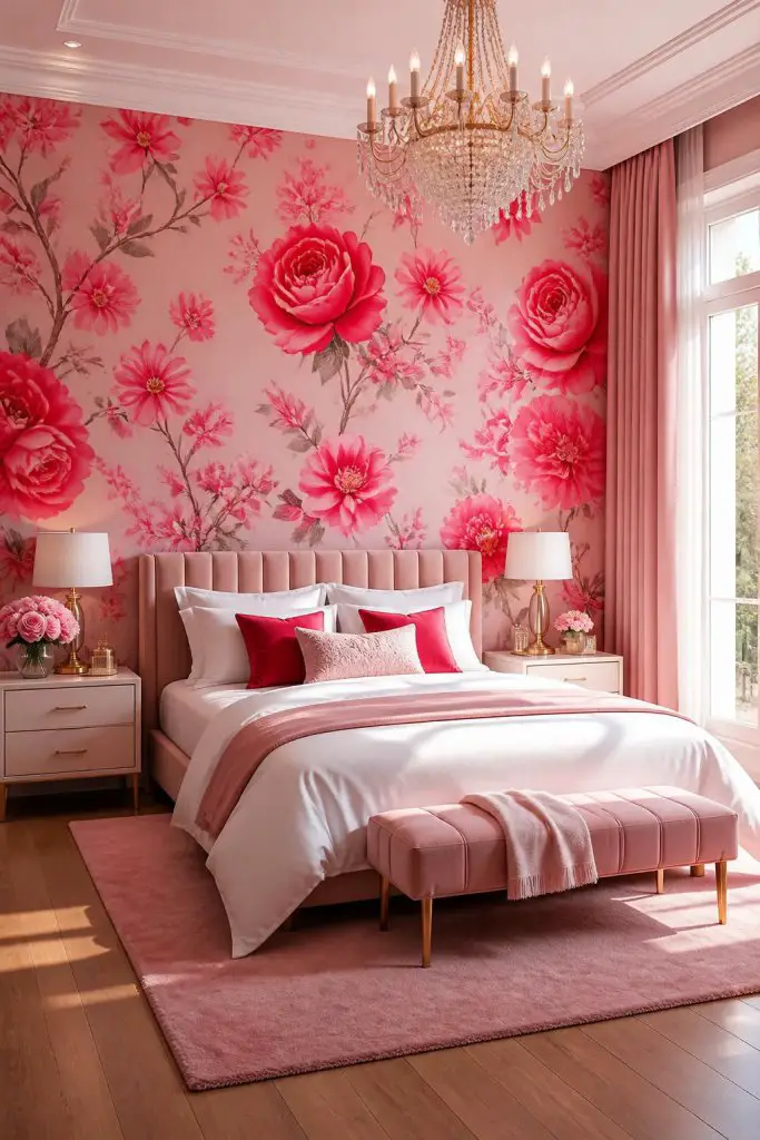 Capture a dramatic bedroom scene where a wall-sized pink wallpaper features oversized red floral motifs behind an upholstered blush-pink bed.
